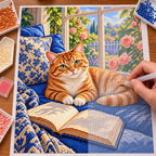 Orange tabby reading by a sunny window: diamond painting in progress with a pen