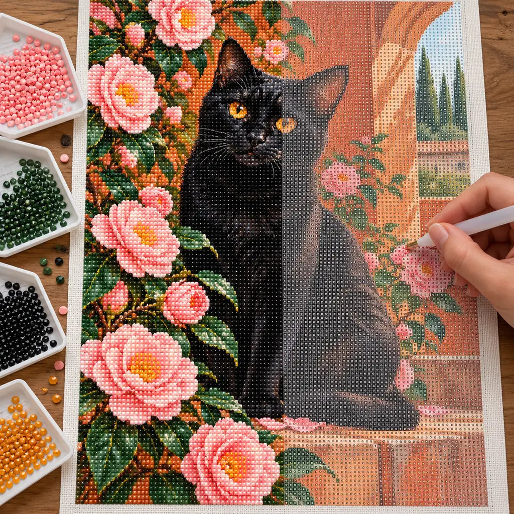 Black cat among pink camellias: diamond painting in progress with a pen