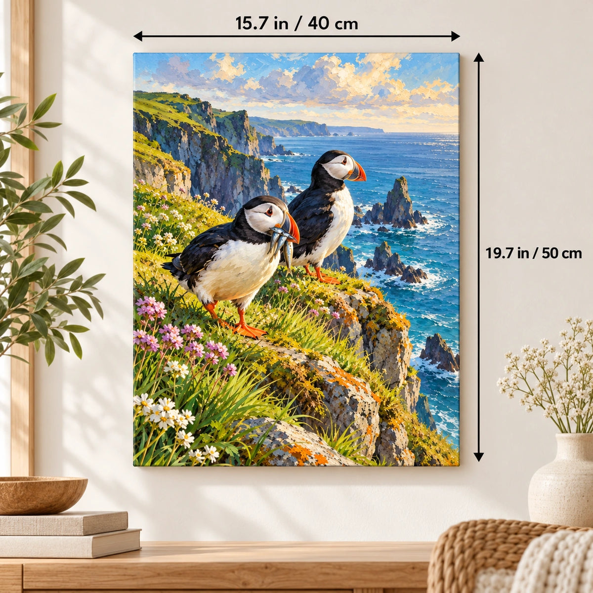 40 × 50 cm (15.7 × 19.7 in) size guide for Puffins on a Cliff during Nesting Season paint by numbers kit