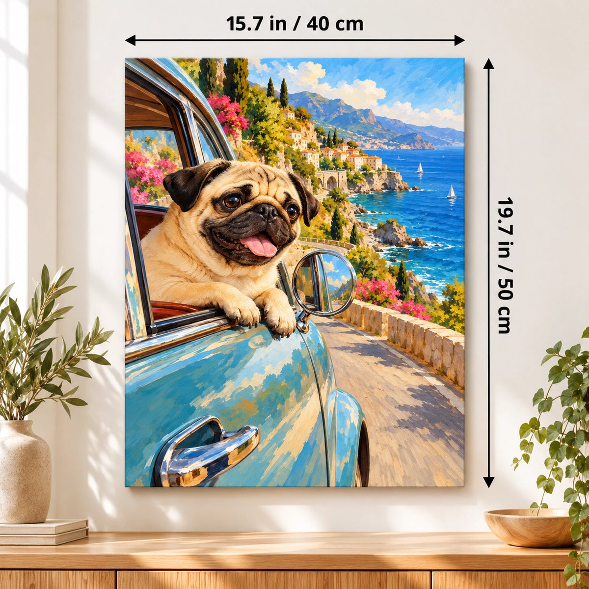40 × 50 cm (15.7 × 19.7 in) size guide for Pug at an Open Car Window paint by numbers kit
