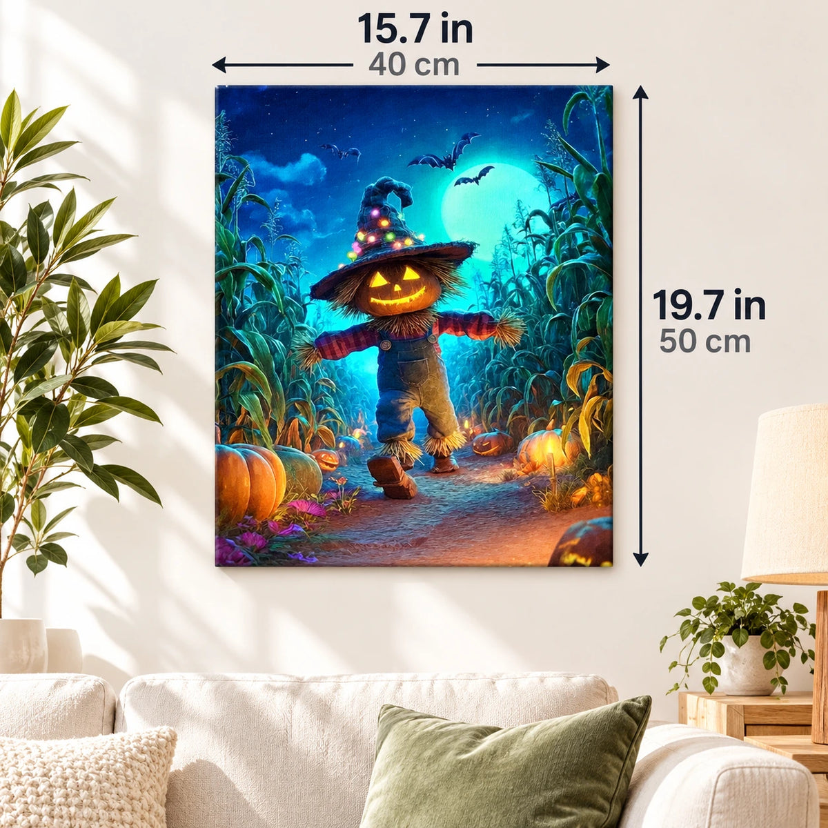 Pumpkin Glow Night paint by numbers canvas displayed in a bright living room, 15.7 × 19.7 in / 40 × 50 cm