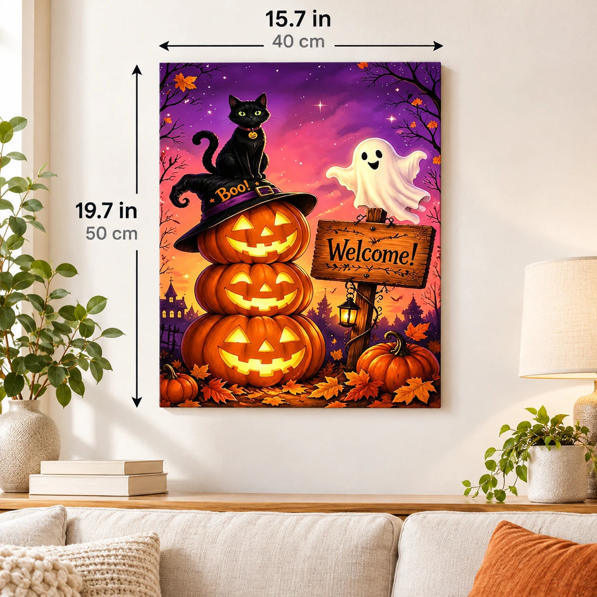 Pumpkin Stack Gathering paint by numbers canvas displayed in a bright living room, 15.7 × 19.7 in / 40 × 50 cm
