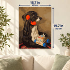 Puppy with a Vintage Toy Telephone canvas in a styled room, 15.7 × 19.7 in / 40 × 50 cm.