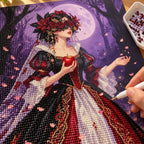 Diamond painting process showing a rose bride beneath a purple moon being completed with a stylus