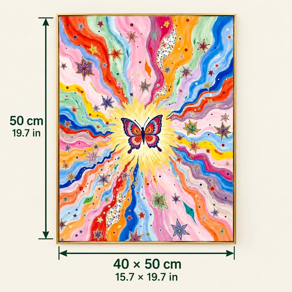 Rainbow Butterfly Starburst shown in a styled room with 15.7 x 19.7 in and 40 x 50 cm dimensions