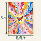 Rainbow Butterfly Starburst shown in a styled room with 15.7 x 19.7 in and 40 x 50 cm dimensions