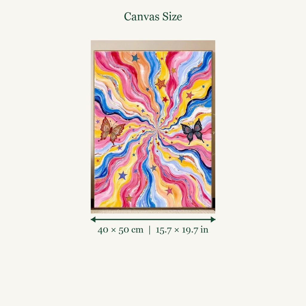Rainbow Swirl Butterfly Abstract shown in a styled room with 15.7 x 19.7 in and 40 x 50 cm dimensions