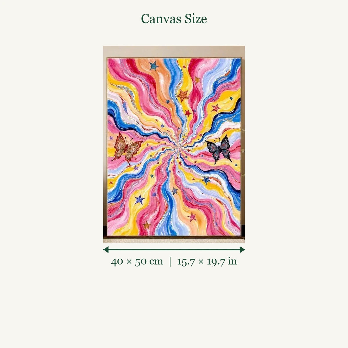 Rainbow Swirl Butterfly Abstract shown in a styled room with 15.7 x 19.7 in and 40 x 50 cm dimensions