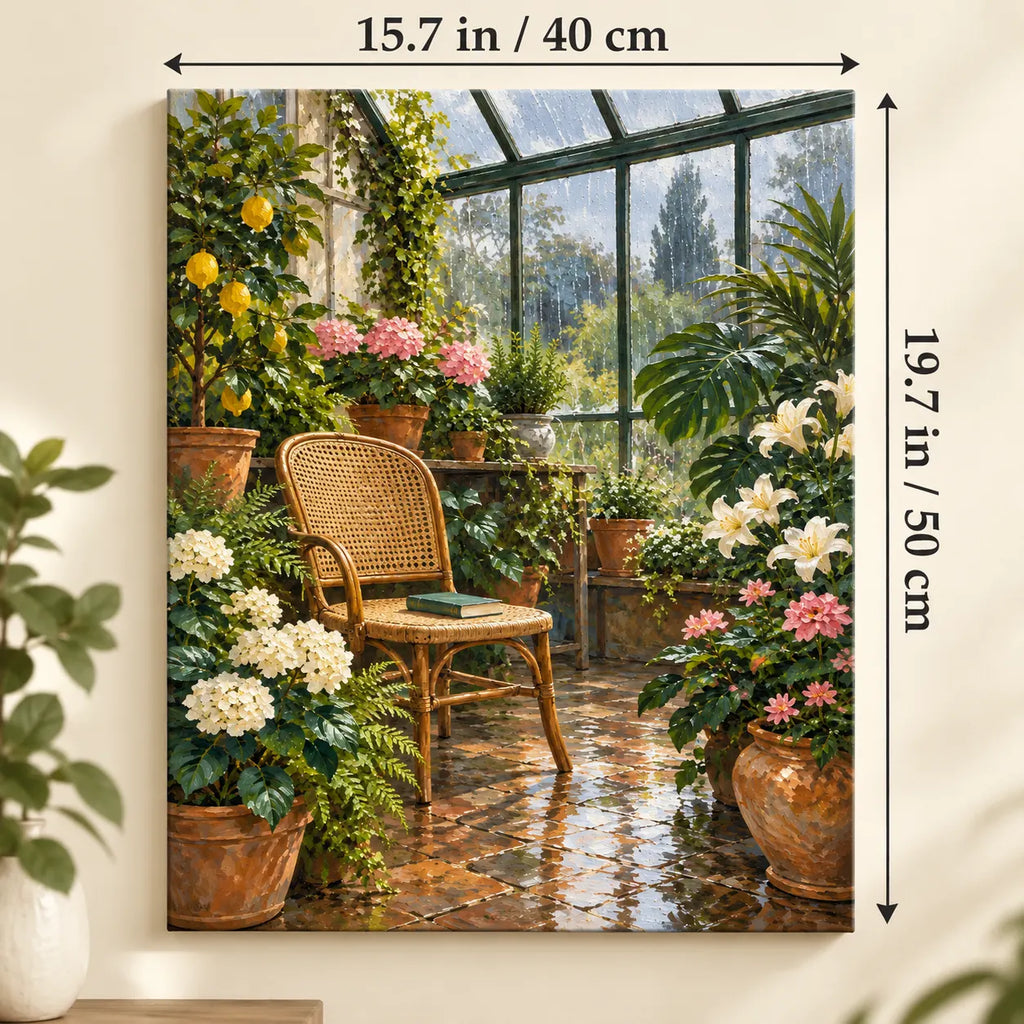 `03-rainy-greenhouse-wicker-reading-chair-size-guide.webp` — Portrait size guide for the greenhouse reading chair paint by numbers canvas, 15.7 × 19.7 in (40 × 50 cm).