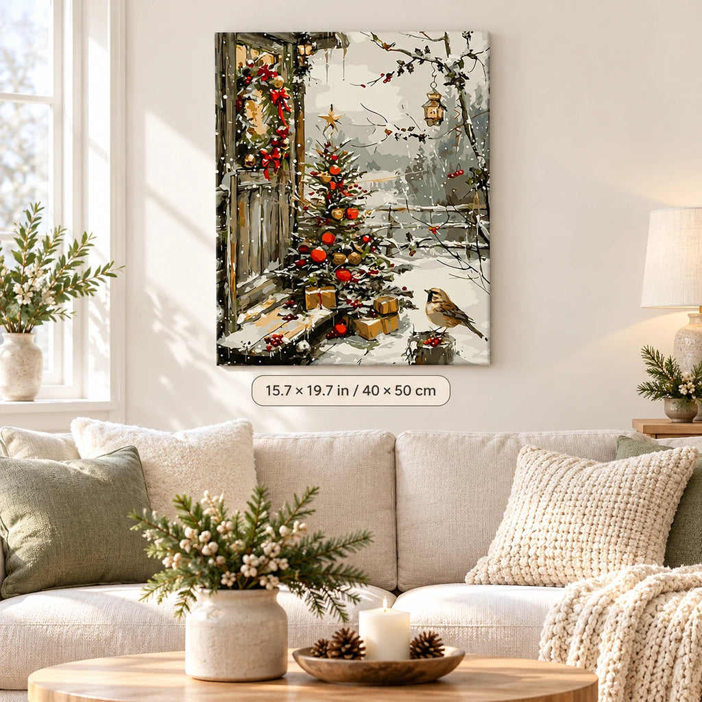 Red Ribbons in Snow paint by numbers canvas displayed in a bright living room, 15.7 × 19.7 in / 40 × 50 cm
