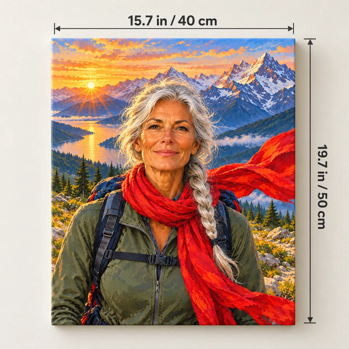 Portrait size guide for the Woman Hiker in a Red Scarf paint by numbers kit, 15.7 × 19.7 in (40 × 50 cm).