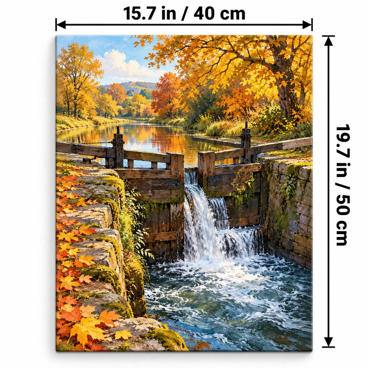 Portrait 40 × 50 cm size guide for the river lock autumn paint by numbers kit.