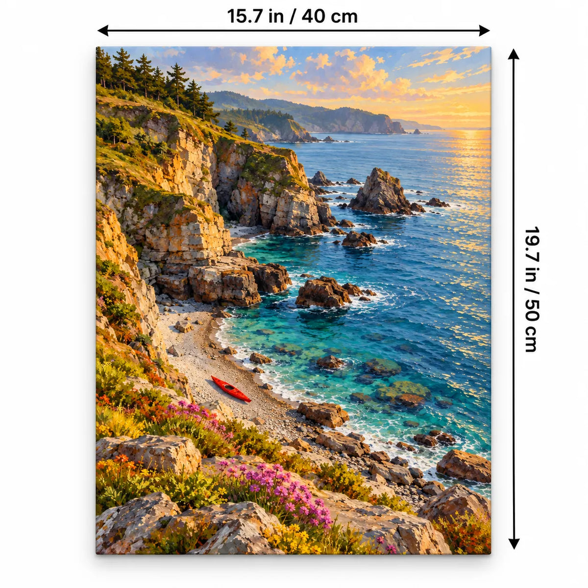 Portrait 40 × 50 cm size guide for the rocky cove kayak paint by numbers kit.