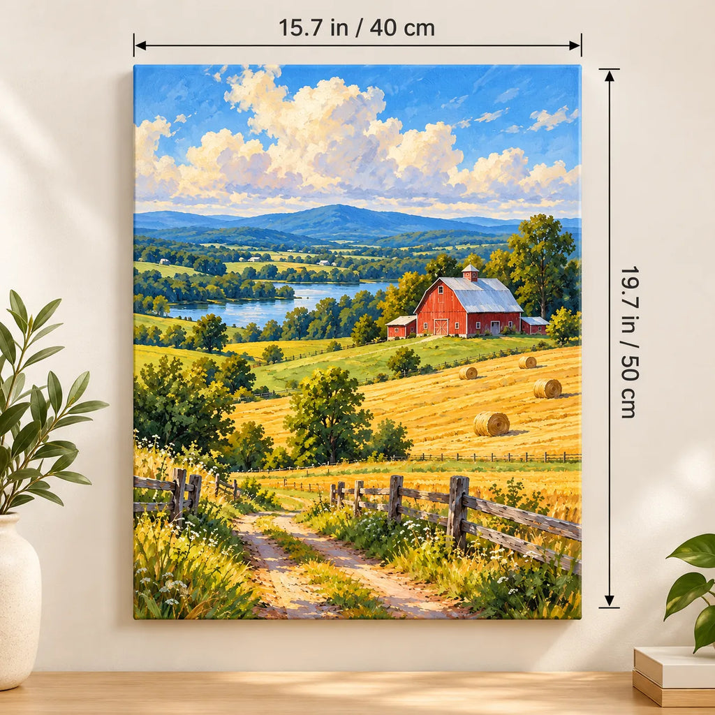 Rolling Hayfields Red Barn shown in a styled room with 15.7 × 19.7 in and 40 × 50 cm dimensions