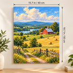 Rolling Hayfields Red Barn shown in a styled room with 15.7 × 19.7 in and 40 × 50 cm dimensions