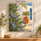 Portrait blue flower and bee canvas with size labels of 15.7 by 19.7 inches (40 by 50 cm).
