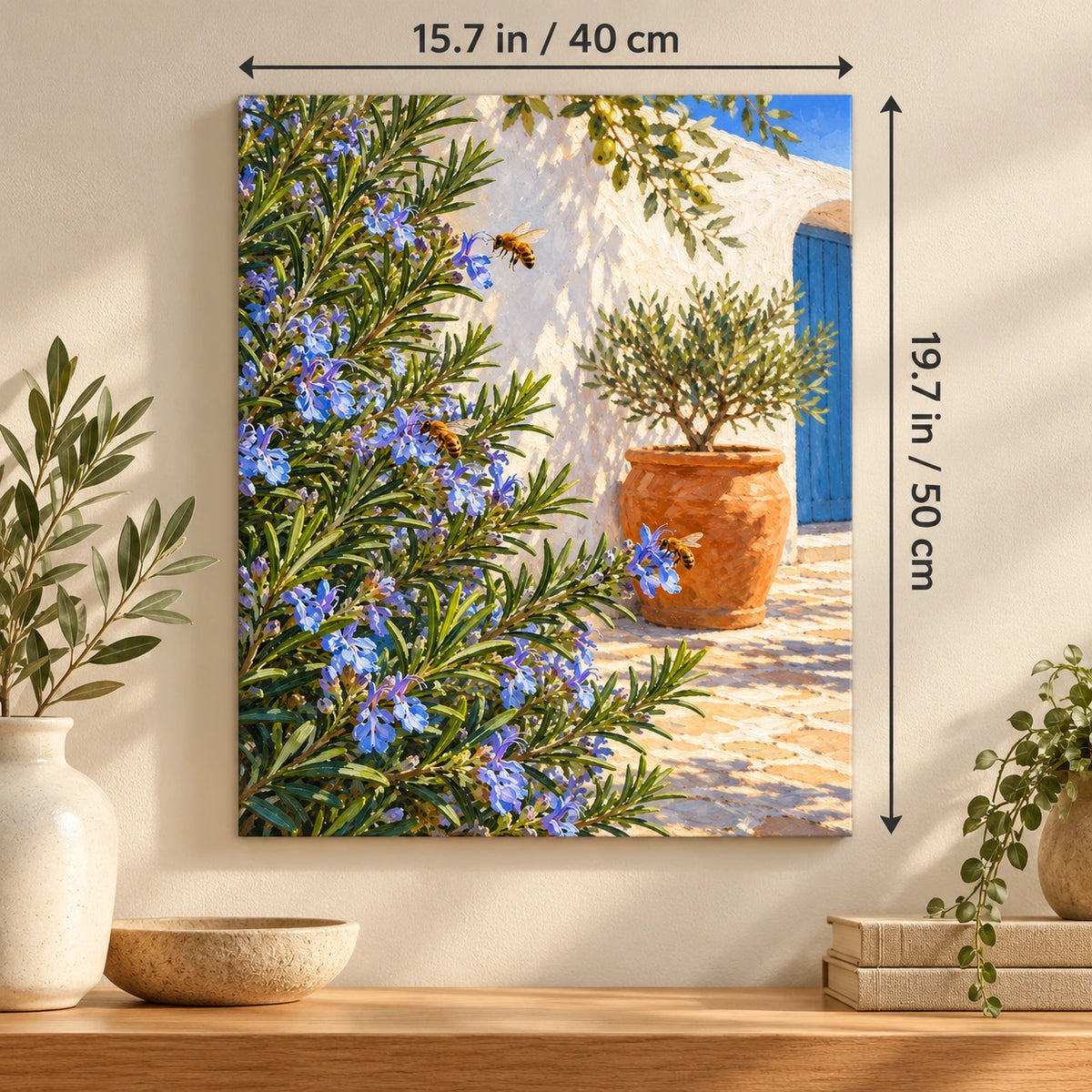 Portrait blue flower and bee canvas with size labels of 15.7 by 19.7 inches (40 by 50 cm).