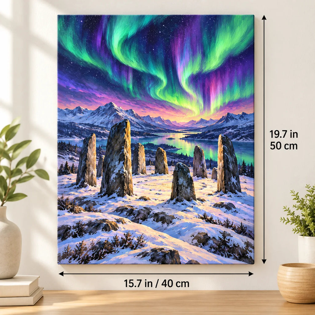 Portrait size guide for the Runestone Circle Beneath the Aurora paint by numbers kit, 15.7 × 19.7 in (40 × 50 cm).
