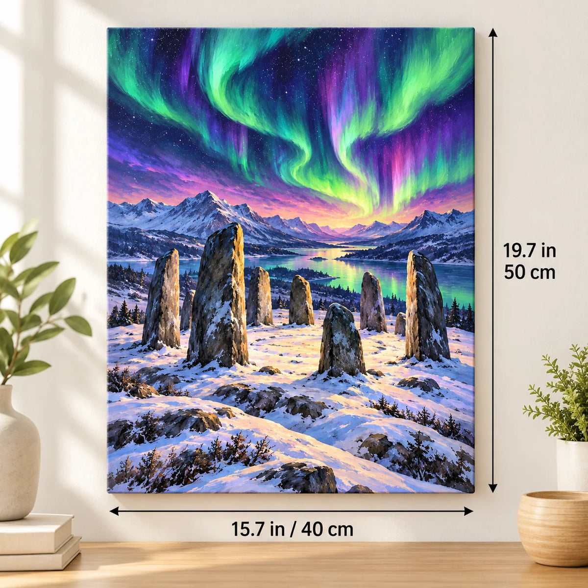 Portrait size guide for the Runestone Circle Beneath the Aurora paint by numbers kit, 15.7 × 19.7 in (40 × 50 cm).