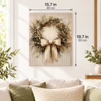 Sage Ribbon Evergreen Wreath paint by numbers canvas displayed in a bright living room, 15.7 × 19.7 in / 40 × 50 cm