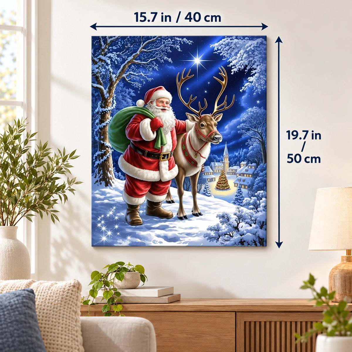 Santa Beneath the Guiding Star paint by numbers canvas displayed in a bright living room, 15.7 × 19.7 in / 40 × 50 cm