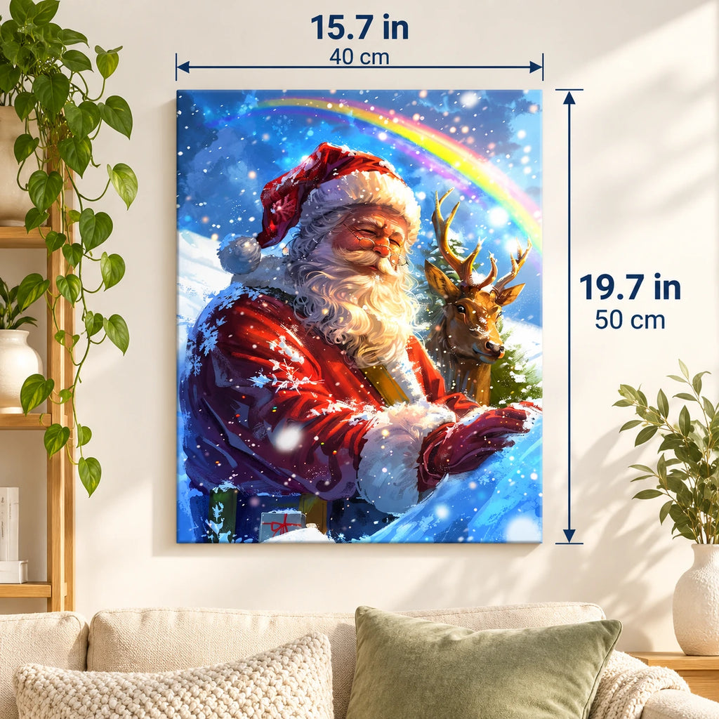 Santa Beneath a Winter Rainbow paint by numbers canvas displayed in a bright living room, 15.7 × 19.7 in / 40 × 50 cm