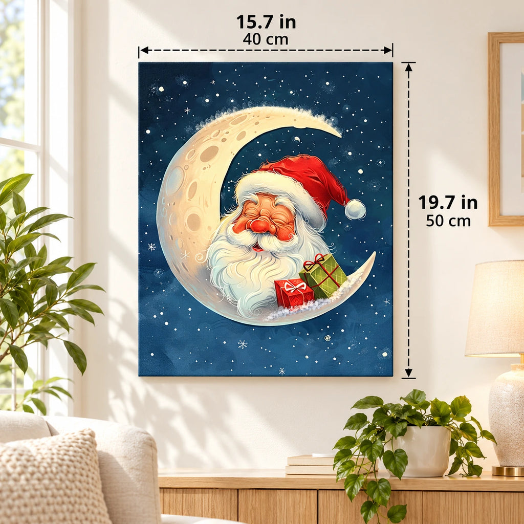 Santa’s Crescent Moon Night paint by numbers canvas displayed in a bright living room, 15.7 × 19.7 in / 40 × 50 cm