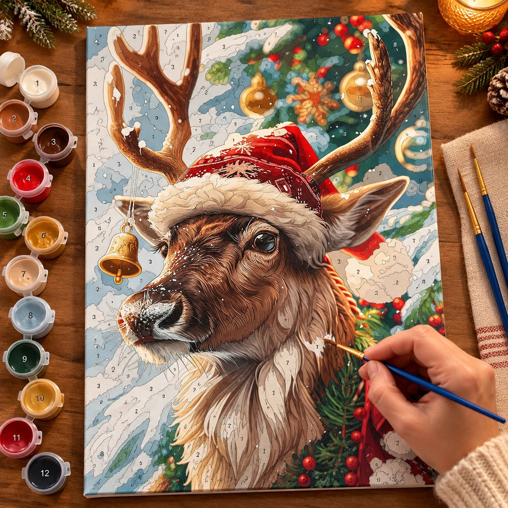 Santa Hat Reindeer paint by numbers canvas displayed in a bright living room, 15.7 × 19.7 in / 40 × 50 cm