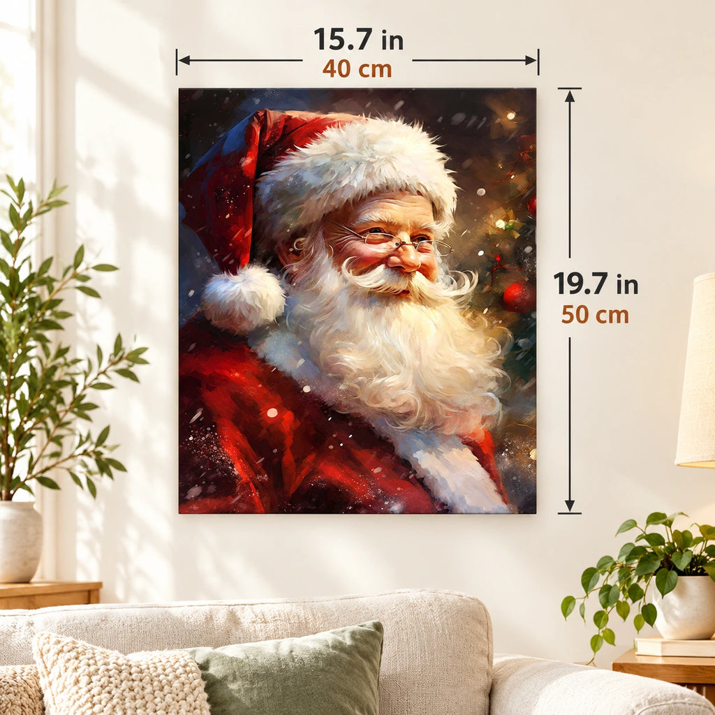 Santa’s Festive Smile paint by numbers canvas displayed in a bright living room, 15.7 × 19.7 in / 40 × 50 cm