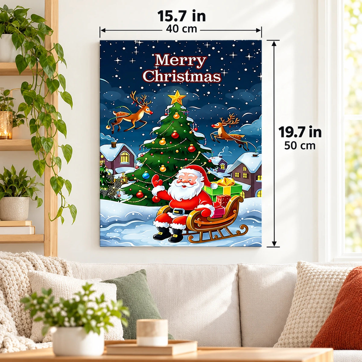 Santa’s Snowy Sleigh with Reindeer paint by numbers canvas displayed in a bright living room, 15.7 × 19.7 in / 40 × 50 cm