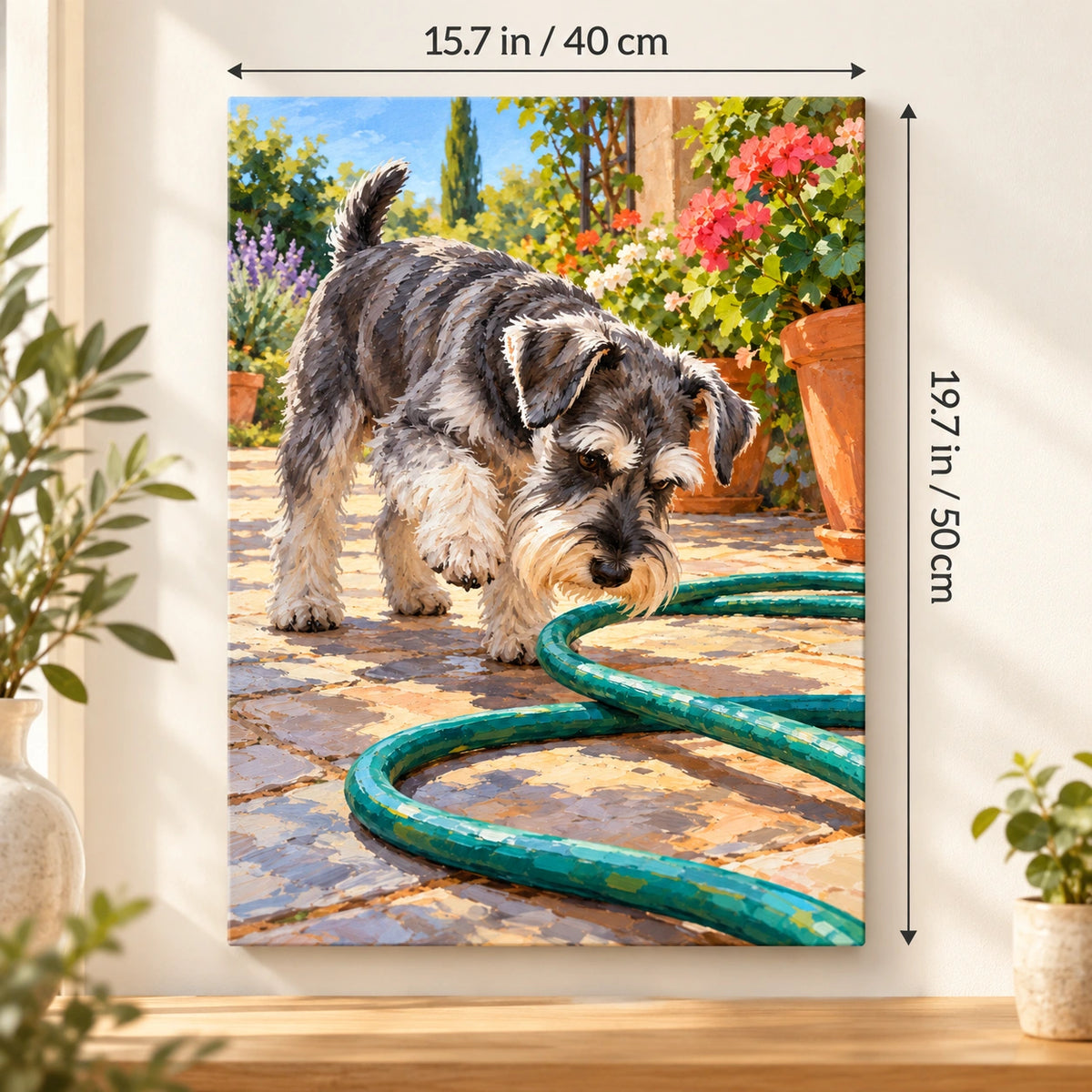 40 × 50 cm (15.7 × 19.7 in) size guide for Schnauzer with a Garden Hose paint by numbers kit