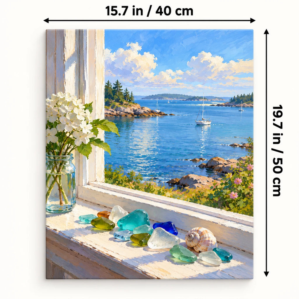 Portrait 40 × 50 cm size guide for the sea glass window display paint by numbers kit.
