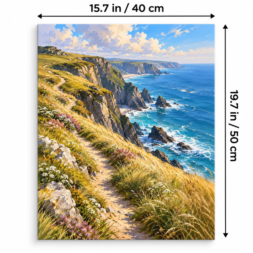 Portrait 40 × 50 cm size guide for the seaside cliff wild grass path paint by numbers kit.