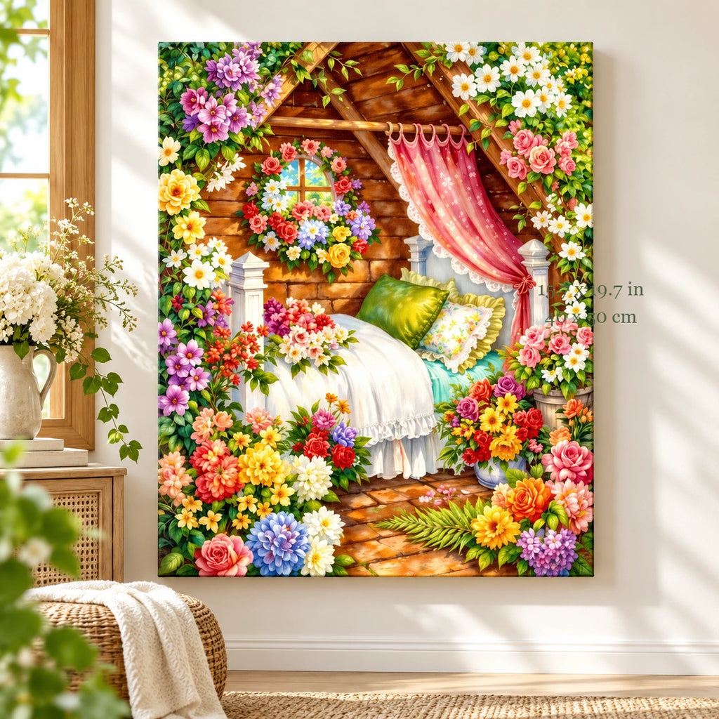 Secret Garden Flower Canopy paint by numbers canvas in a styled room with 15.7 x 19.7 in and 40 x 50 cm dimensions