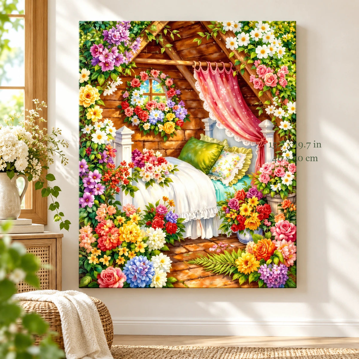 Secret Garden Flower Canopy paint by numbers canvas in a styled room with 15.7 x 19.7 in and 40 x 50 cm dimensions