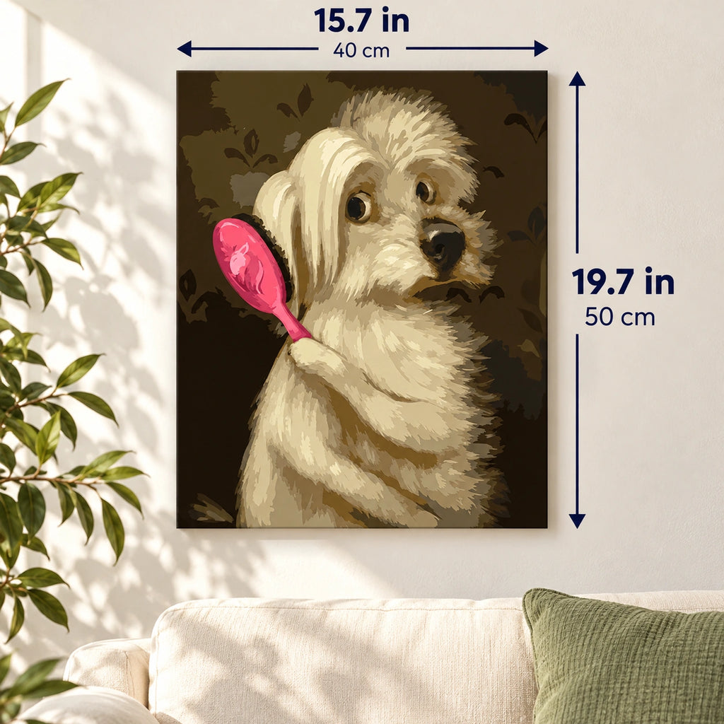 Shaggy Puppy with a Pink Hairbrush canvas in a styled room, 15.7 × 19.7 in / 40 × 50 cm.