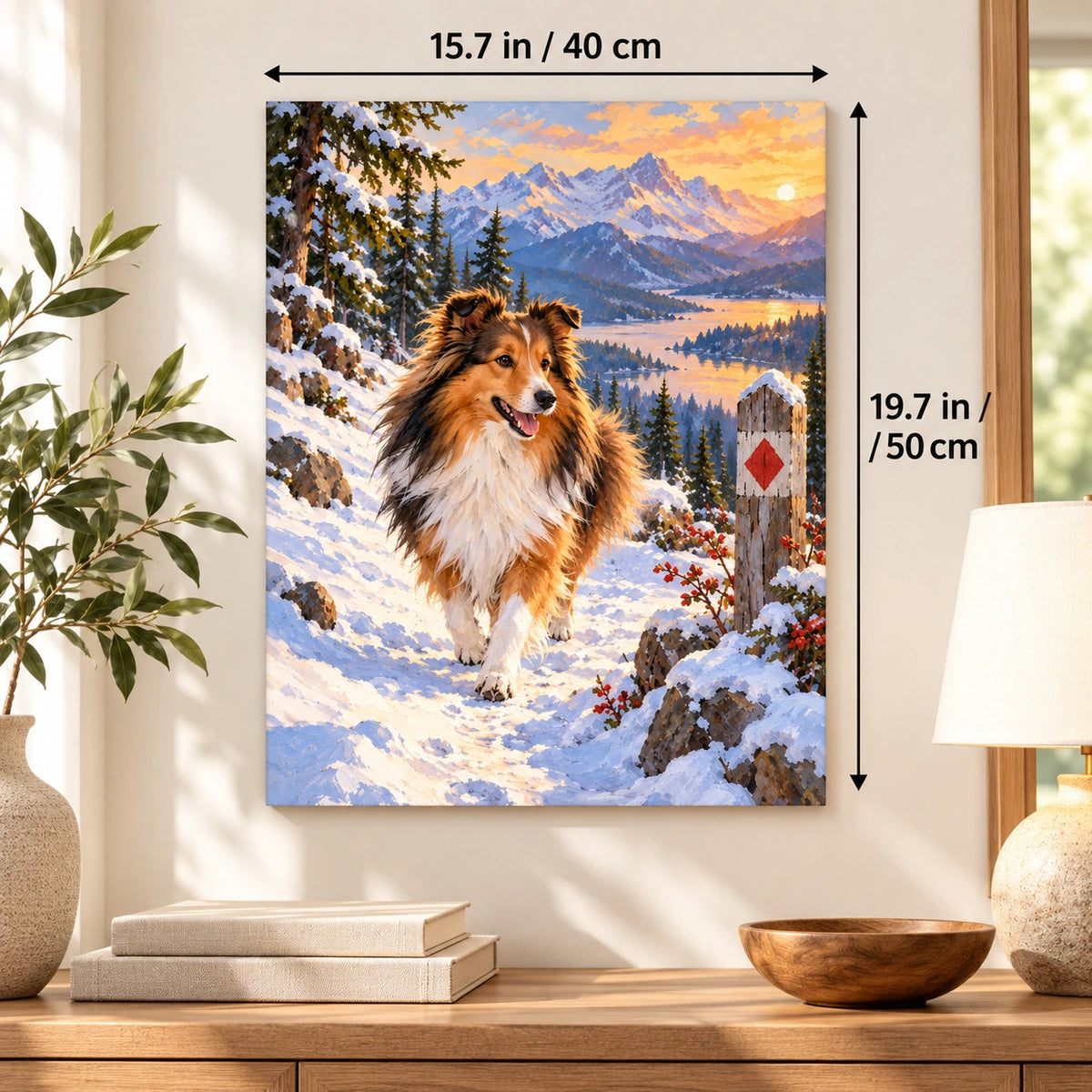 40 × 50 cm (15.7 × 19.7 in) size guide for Sheltie on a Snowshoe Walk paint by numbers kit