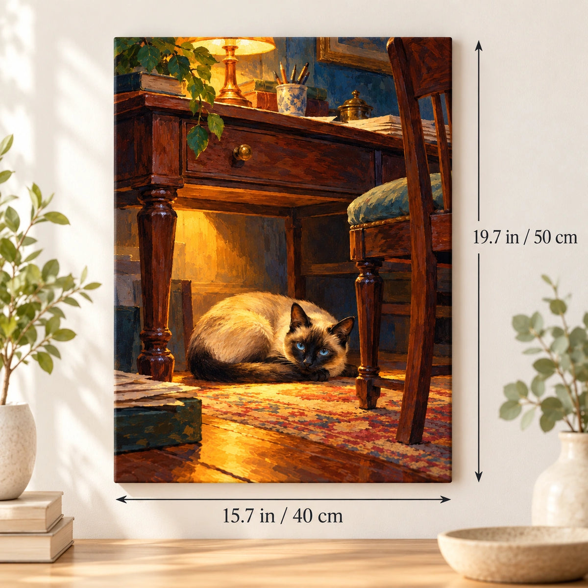 40 × 50 cm (15.7 × 19.7 in) size guide for Siamese Cat under a Desk Lamp paint by numbers kit