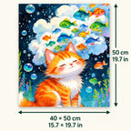 Sleepy Orange Cat Underwater Fish Galaxy shown in a styled room with 15.7 x 19.7 in and 40 x 50 cm dimensions