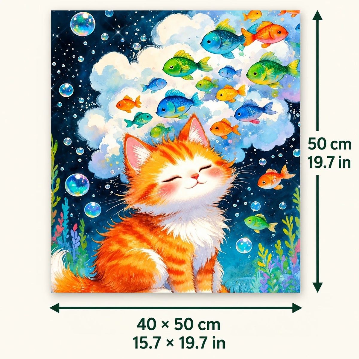 Sleepy Orange Cat Underwater Fish Galaxy shown in a styled room with 15.7 x 19.7 in and 40 x 50 cm dimensions