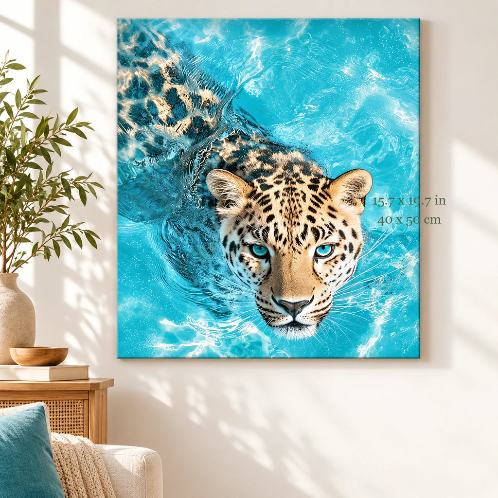 Snow Leopard in Turquoise Water paint by numbers canvas in a styled room with 15.7 x 19.7 in and 40 x 50 cm dimensions