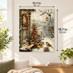 Snowbound Christmas Grove paint by numbers canvas displayed in a bright living room, 15.7 × 19.7 in / 40 × 50 cm