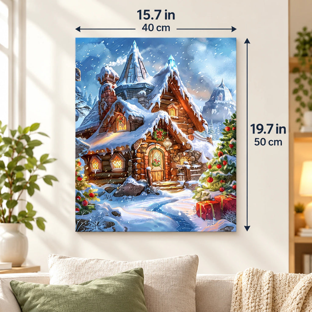 Snowfall at Christmas Village paint by numbers canvas displayed in a bright living room, 15.7 × 19.7 in / 40 × 50 cm