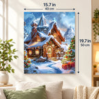 Snowfall at Christmas Village paint by numbers canvas displayed in a bright living room, 15.7 × 19.7 in / 40 × 50 cm