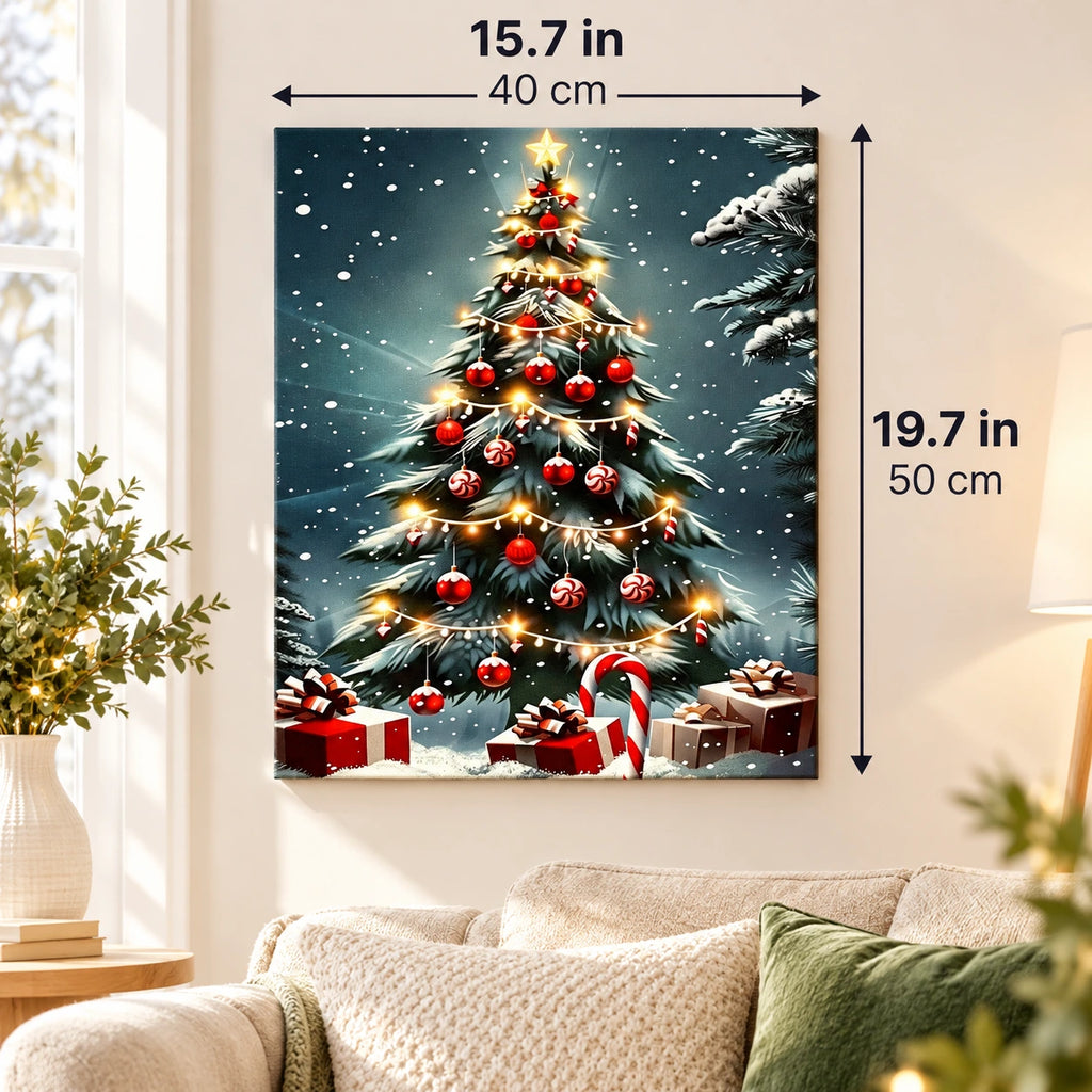 Snowfall Beneath Christmas Lights paint by numbers canvas displayed in a bright living room, 15.7 × 19.7 in / 40 × 50 cm