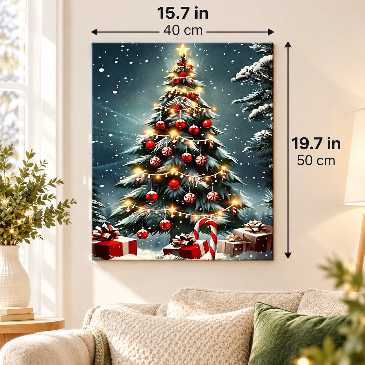 Snowfall Beneath Christmas Lights paint by numbers canvas displayed in a bright living room, 15.7 × 19.7 in / 40 × 50 cm