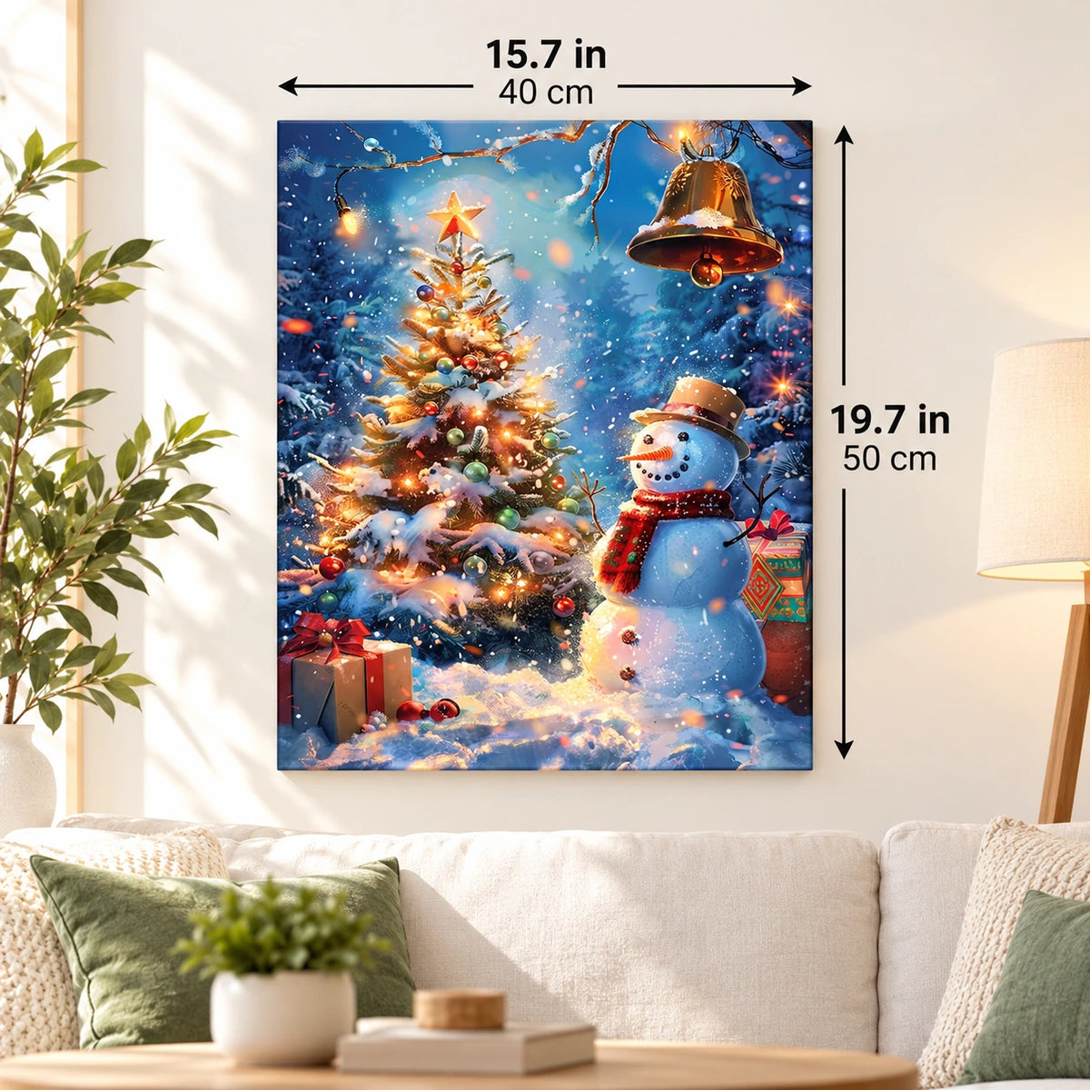 Snowfall Christmas Glow Snowman paint by numbers canvas displayed in a bright living room, 15.7 × 19.7 in / 40 × 50 cm
