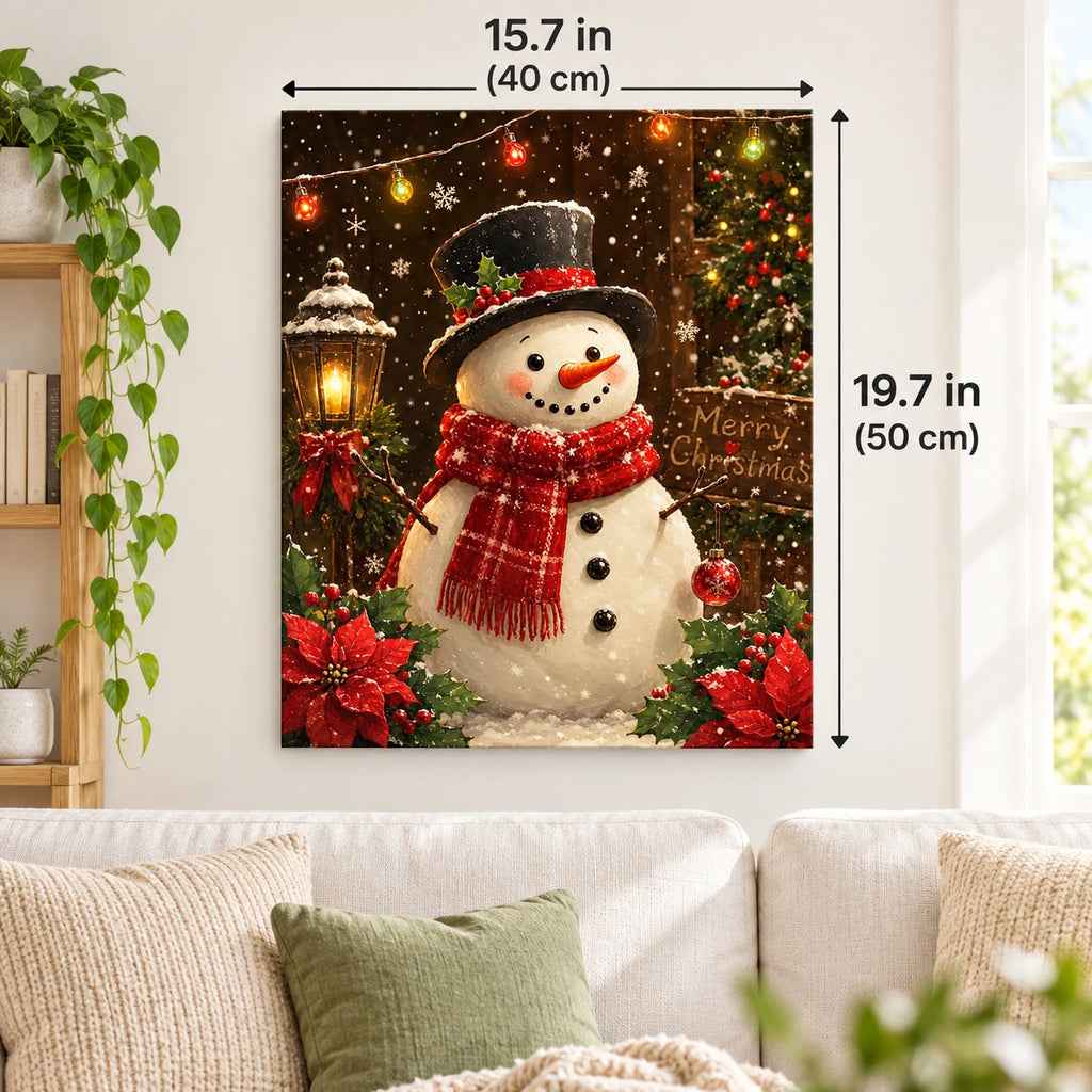 Snowfall Christmas Greeting Snowman paint by numbers canvas displayed in a bright living room, 15.7 × 19.7 in / 40 × 50 cm