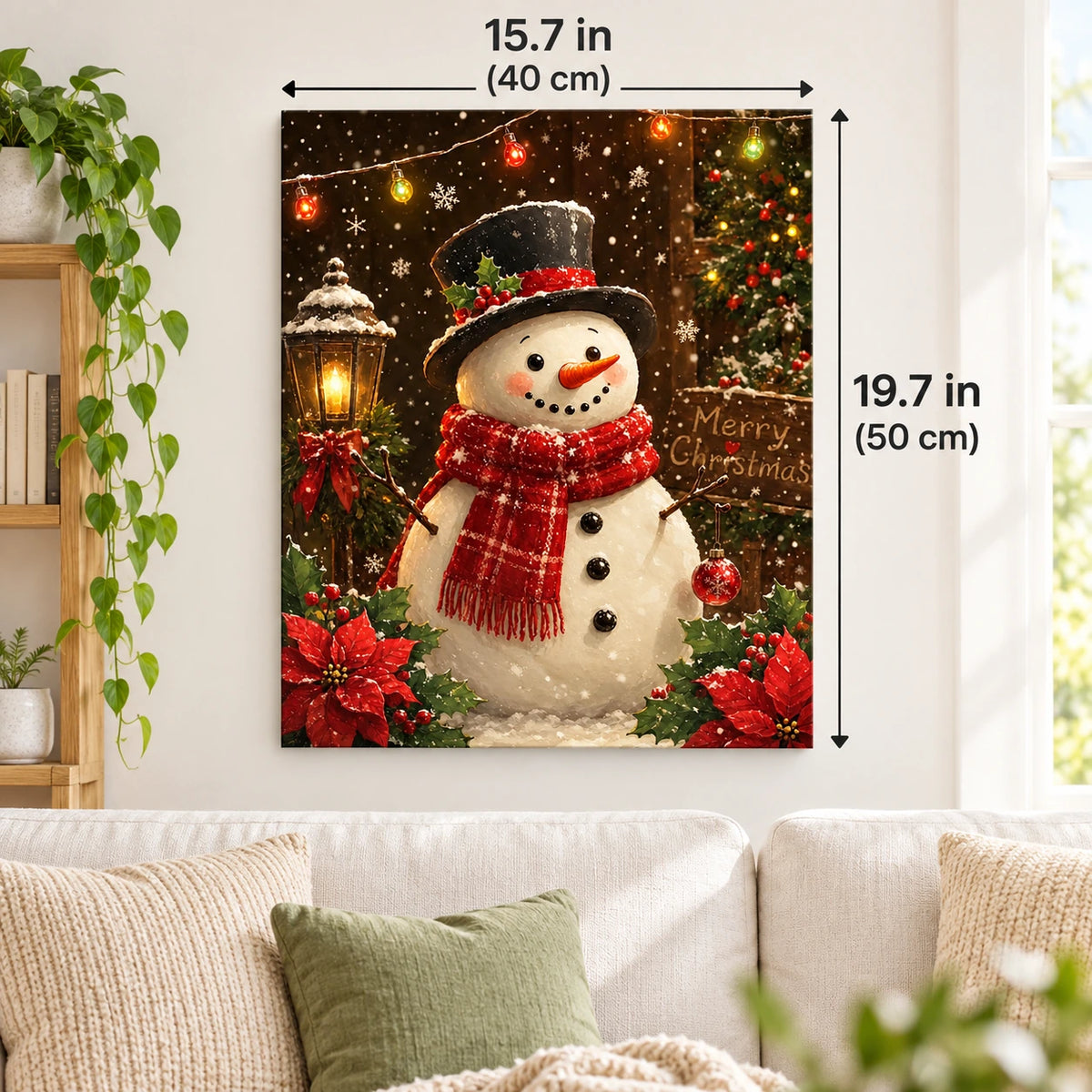 Snowfall Christmas Greeting Snowman paint by numbers canvas displayed in a bright living room, 15.7 × 19.7 in / 40 × 50 cm