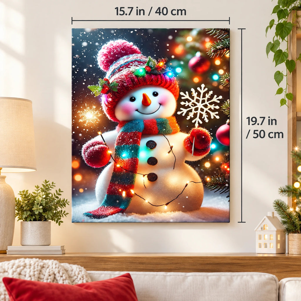 Snowfall Holiday Glow Snowman paint by numbers canvas displayed in a bright living room, 15.7 × 19.7 in / 40 × 50 cm